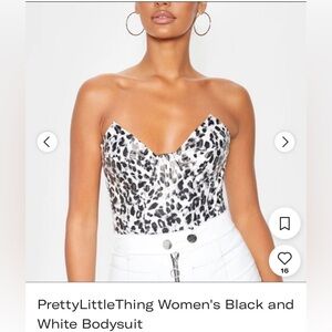 PrettyLittleThing Women's Black White Faux leather Leopard Bodysuit